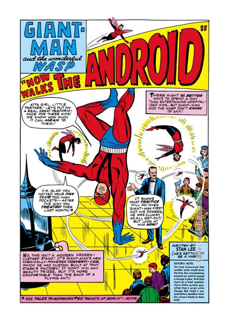 Tales to Astonish #61, pg. 1; pencils, Steve Ditko; inks, George Roussos; Ant-Man/Giant-Man/Hank Pym, Wasp, Janet Van Dyne, Now Walks the Android, Stan Lee, splash page