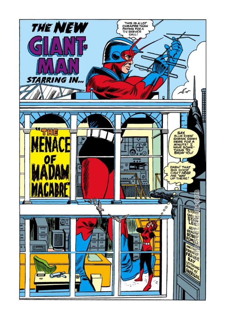 Tales to Astonish #66, pg. 1; pencils, Bob Powell; inks, Frank Giacoia; Ant-Man/Giant-Man/Hank Pym, Wasp, Janet Van Dyne, The Menace of Madam Macabre; Stan Lee,