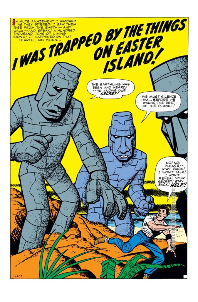 Tales to Astonish #5. "I Was Trapped by the Things on Easter Island!", pg. 1. Jack Kirby monsters