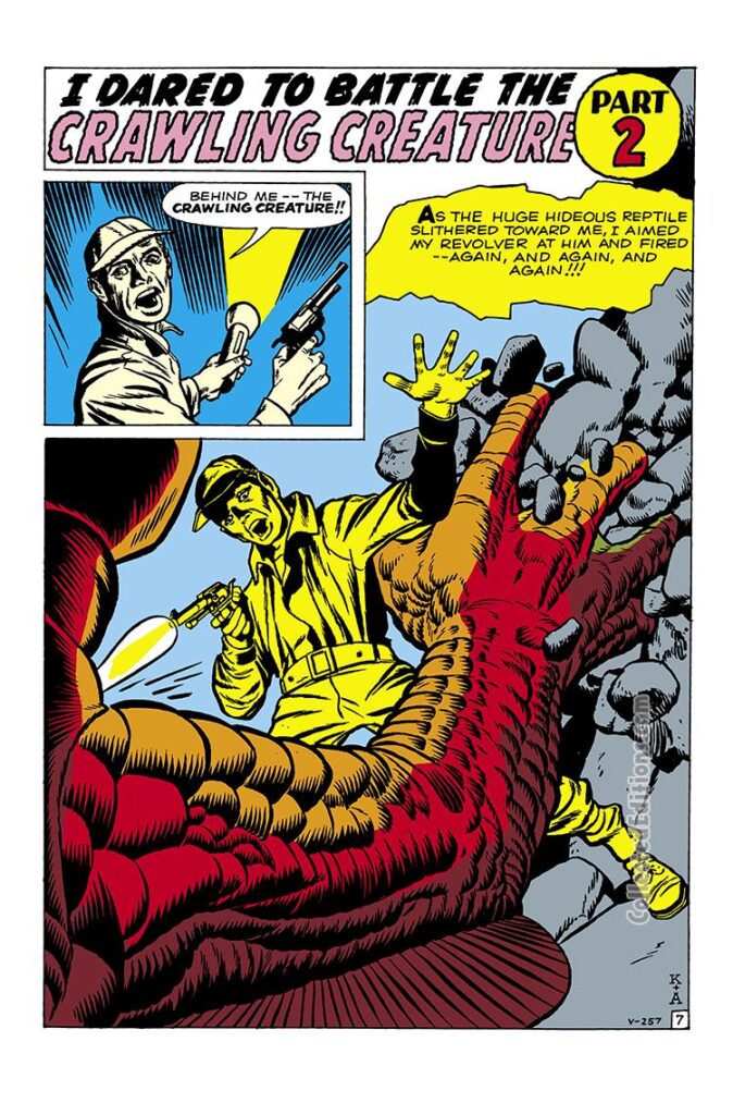 Tales to Astonish #22. Atlas Era Monsters "I Dared to Battle the Crawling Creature!", pg. 7. Jack Kirby.