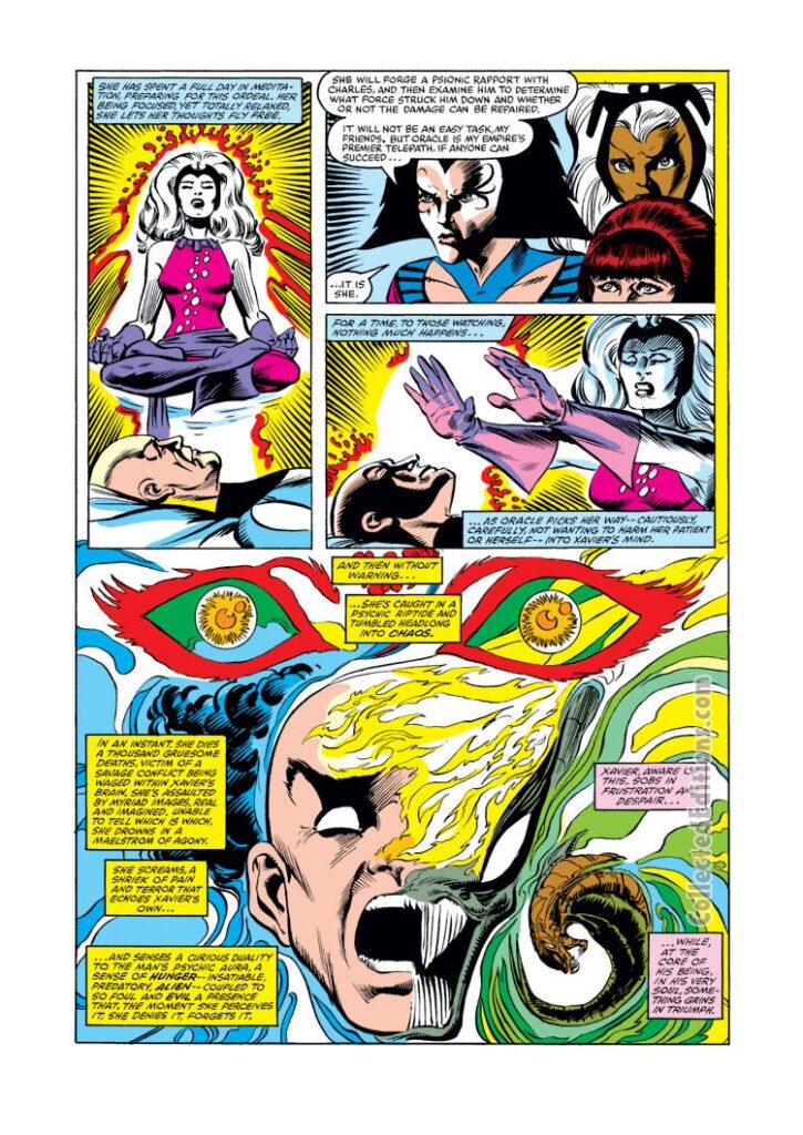 Uncanny X-Men #158, pg. 5; pencils, Dave Cockrum; inks, Bob Wiacek; Oracle/Professor X/Lilandra