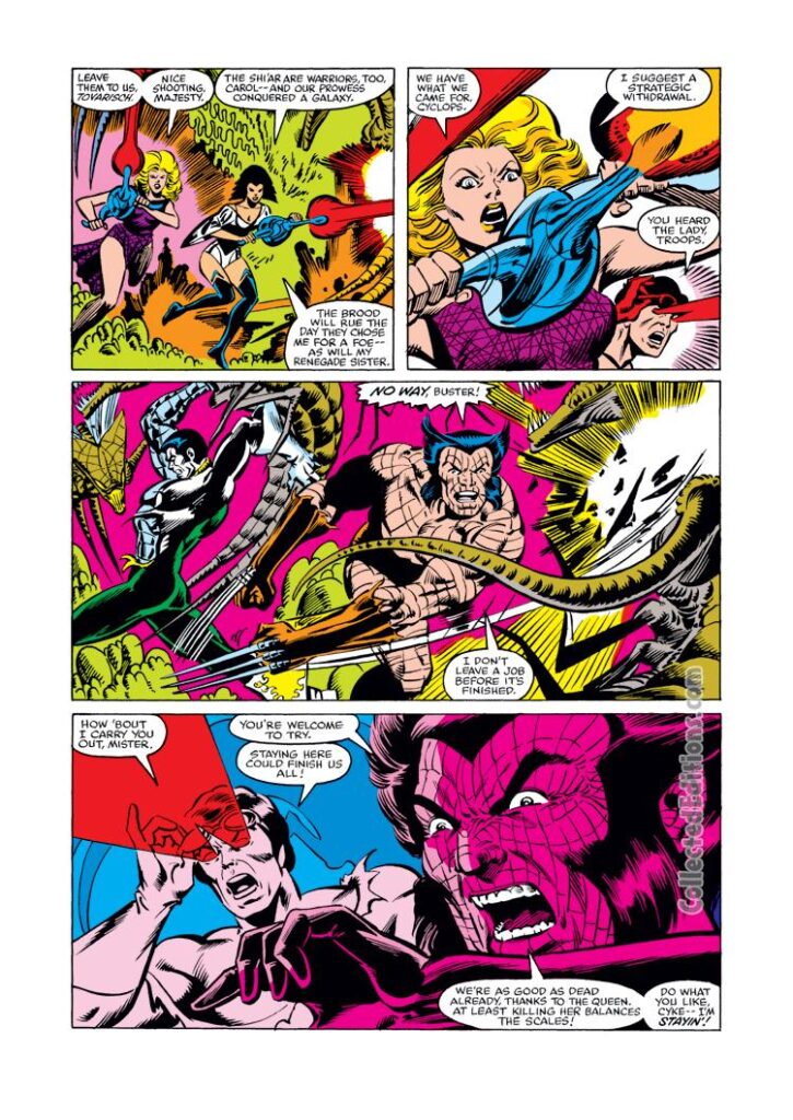 Uncanny X-Men #163, pg. 16; pencils, Dave Cockrum; Wolverine/Carol Danvers/X-Men vs. Brood
