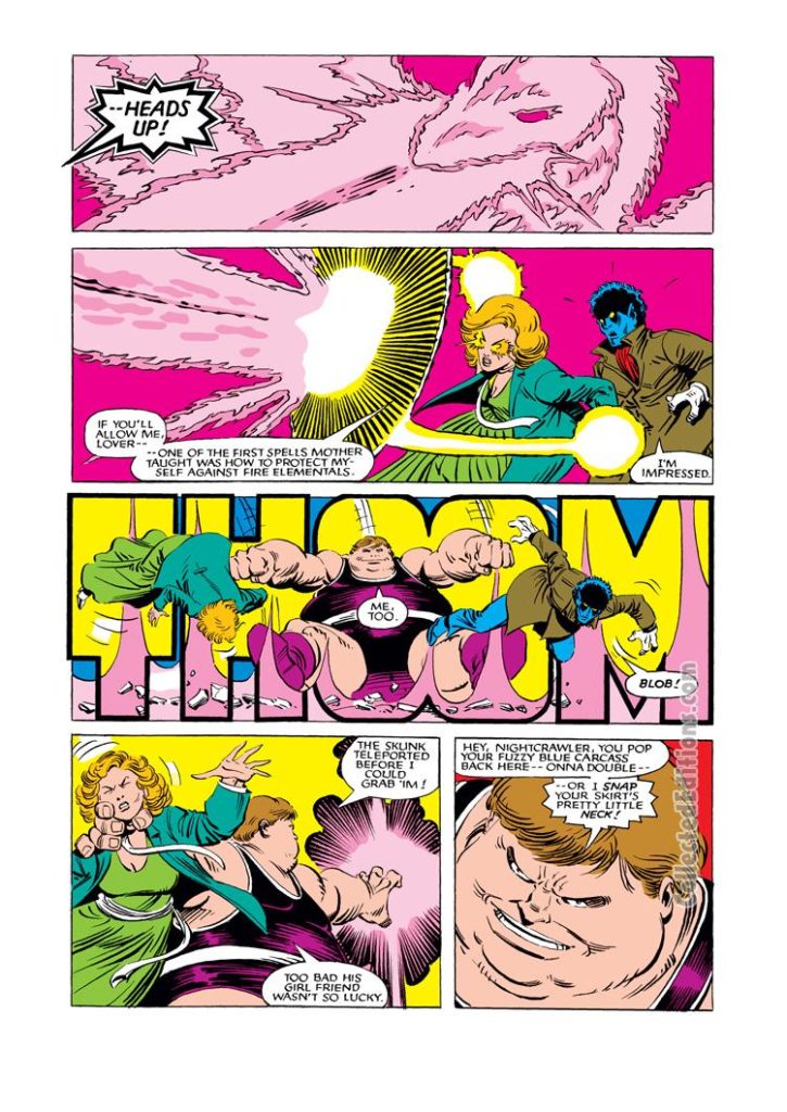 Uncanny X-Men #178, pg. 9; pencils, John Romita Jr.; inks, Bob Wiacek; Blob/Amanda Sefton/Nightcrawler