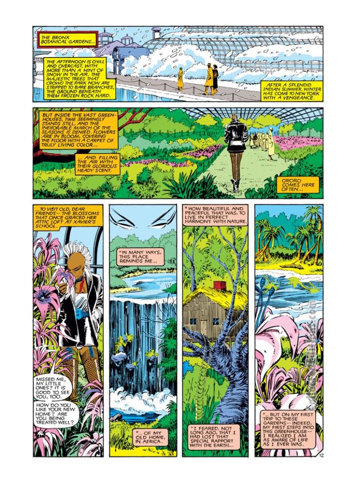 Uncanny X-Men #180, pg. 12; pencils, John Romita Jr.; inks, Dan Green, Bob Wiacek/ Storm