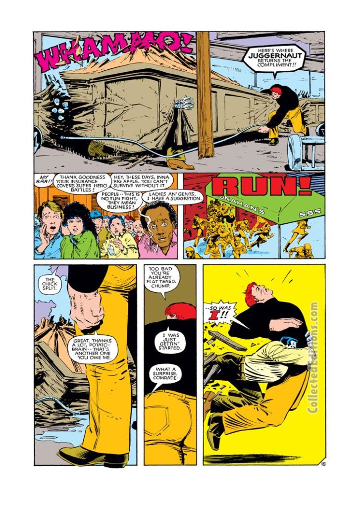 Uncanny X-Men #183, pg. 18; pencils, John Romita Jr.; inks, Dan Green; Colossus vs. Juggernaut