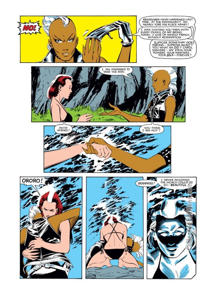 Uncanny X-Men #185, pg. 12; pencils, John Romita Jr.; inks, Dan Green; Storm and Rogue