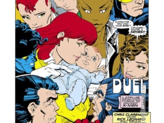 Uncanny X-Men #201, pg. 1; pencils, Rick Leonardi; inks, Whilce Portacio; Duel, Chris Claremont splash page, Storm, Cyclops, Rogue, Nightcrawler, Madelyne Pryor, first appearance Cable, Nathan Summers, Wolverine, Colossus, Rachel Grey