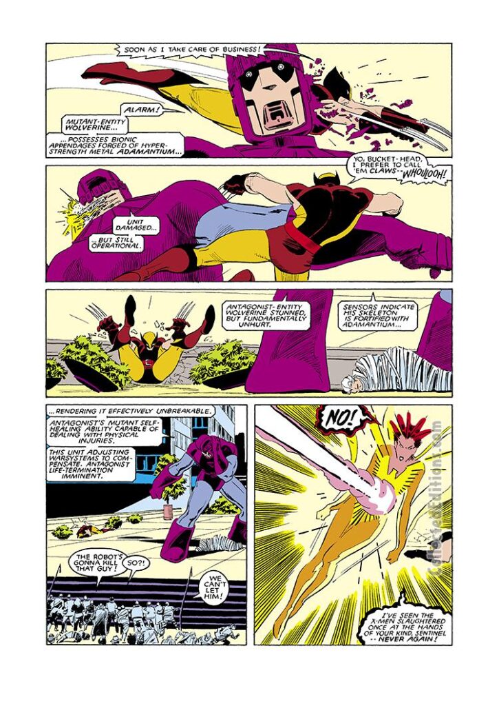 Uncanny X-Men #202, pg. 18; pencils, John Romita Jr.; inks, Al Williamson; Wolverine slashes Sentinels, Rachel Grey, Phoenix