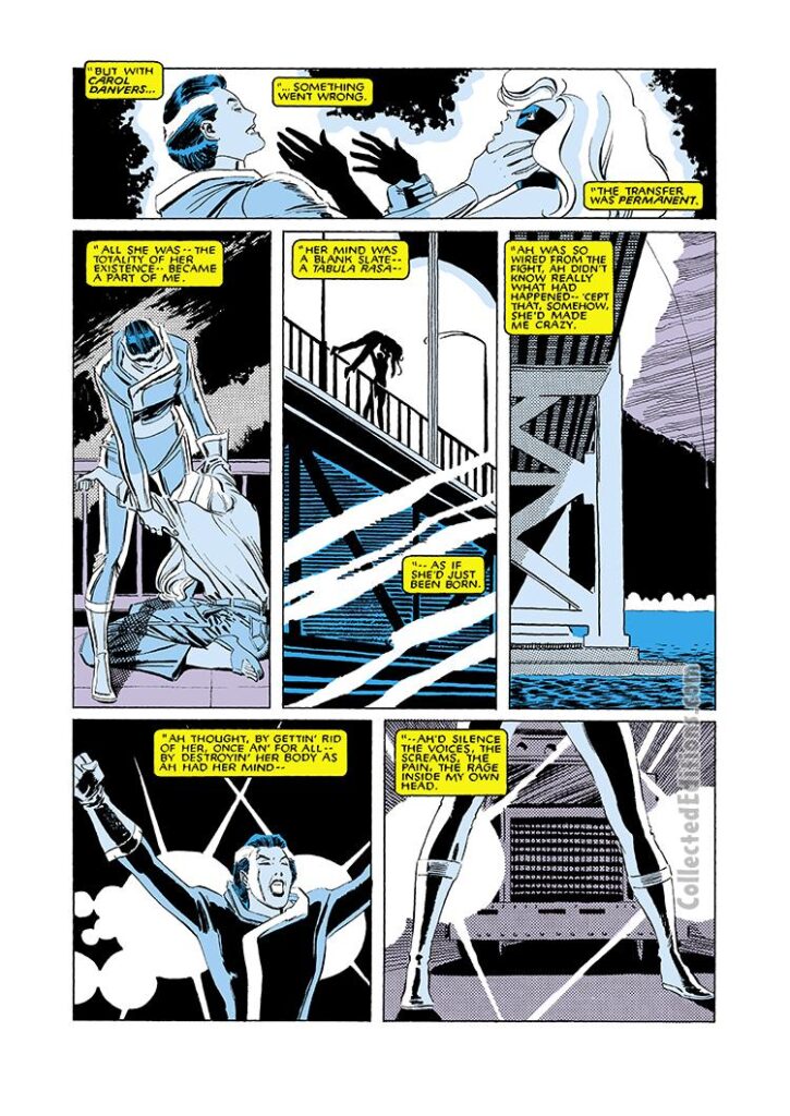 Uncanny X-Men #203, pg. 3; pencils, John Romita Jr.; inks, Al Williamson; Rogue, Carol Danvers, memories, amnesia, powers, Ms. Marvel, Captain Marvel, origin