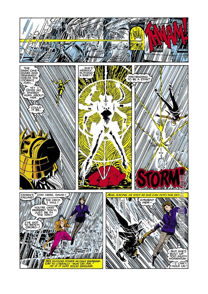 Uncanny X-Men #206, pg. 14; layouts, John Romita Jr.; pencils and inks, Dan Green; Kitty Pryde, Spiral, Storm, David Ishima