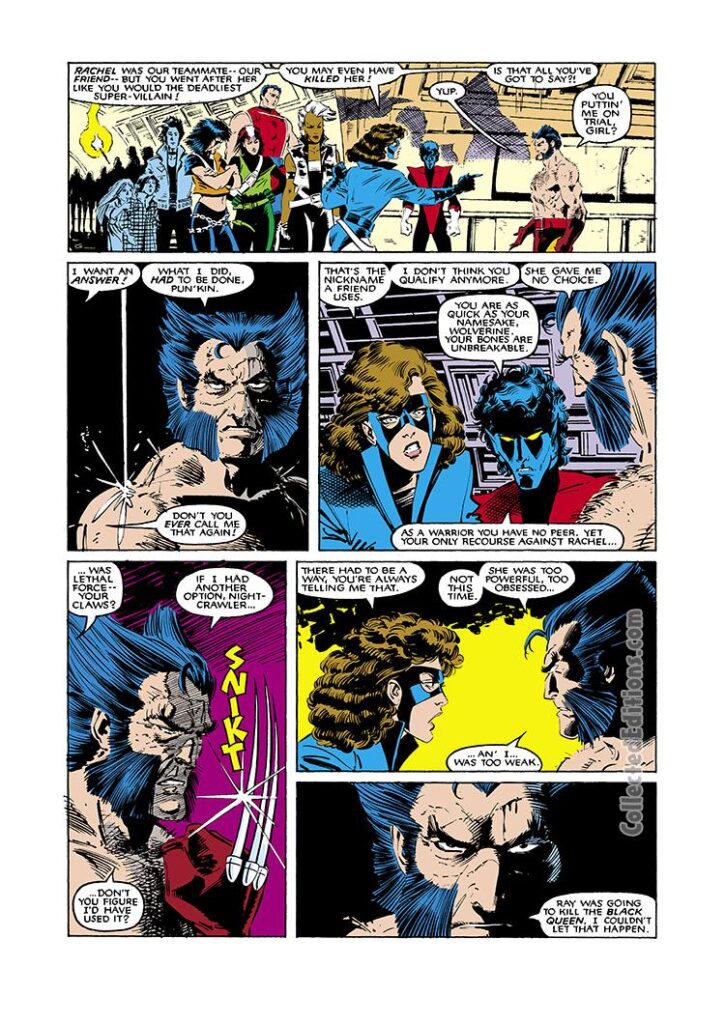 Uncanny X-Men #208, pg. 2; layouts, John Romita Jr.; pencils and inks, Dan Green; Wolverine, Kitty Pryde, Shadowcat, Nightcrawler, Morlocks, Logan, Snikt