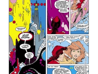 Uncanny X-Men #209, pg. 12; layouts, John Romita Jr.; pencils and inks, P. Craig Russell; Rachel Grey, Phoenix, The Body Shoppe, Mojo, Mojoverse