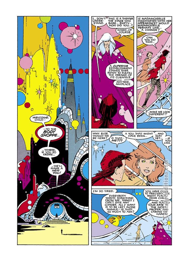 Uncanny X-Men #209, pg. 12; layouts, John Romita Jr.; pencils and inks, P. Craig Russell; Rachel Grey, Phoenix, The Body Shoppe, Mojo, Mojoverse