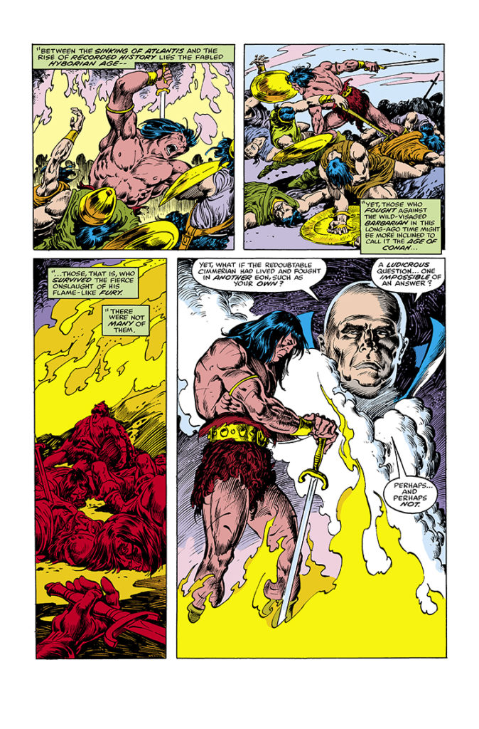 What If? #13, pg. 2; pencils, John Buscema; inks, Ernie Chan, The Watcher, Conan the Barbarian, What If Conan the Barbarian Walked the Earth of Today?, Roy Thomas, Dann Thomas
