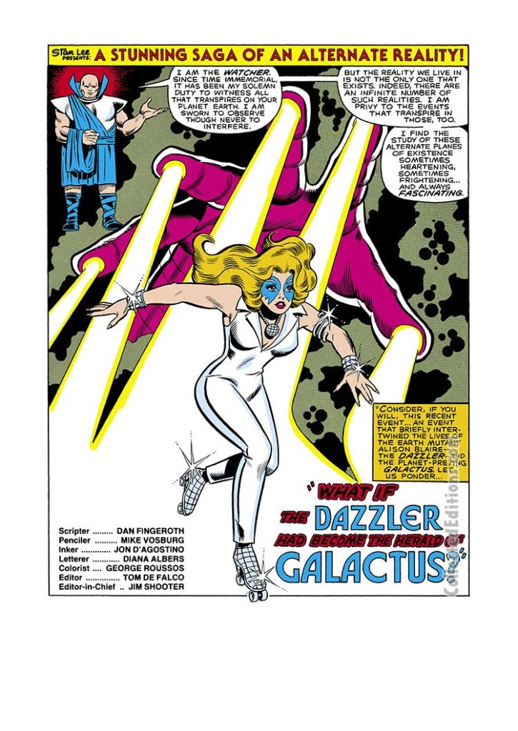 What If? #33, pg. 1; pencils, Mike Vosburg; inks, Jon D’Agostino; What If Dazzler Had Become the Herald of Galactus, Uatu the Watcher, Danny Fingeroth