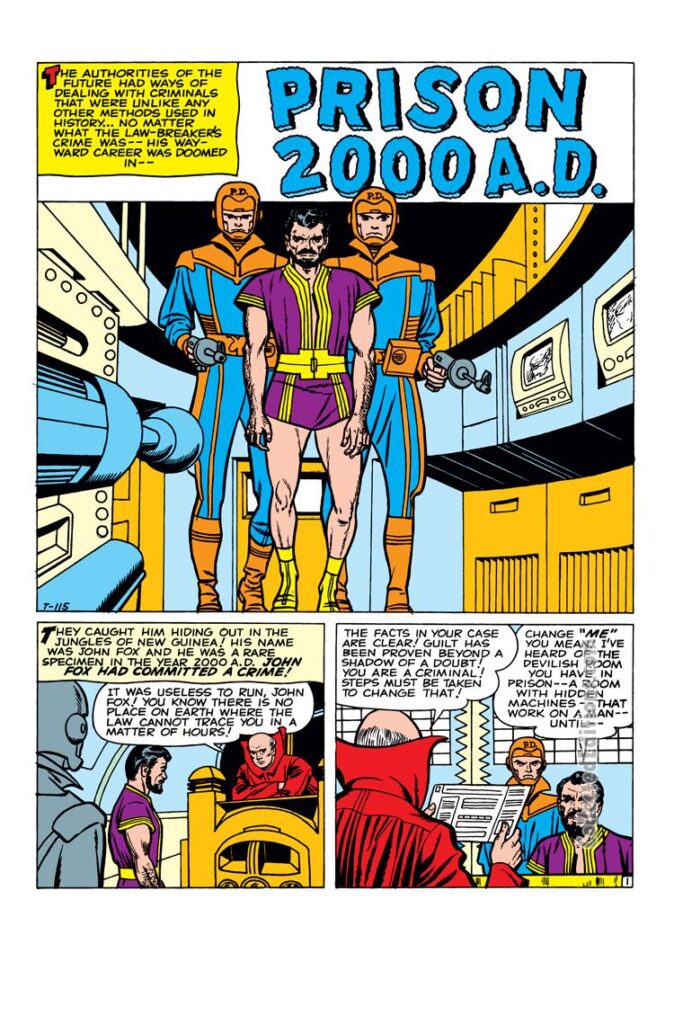 World of Fantasy #16. "Prison 2000 A.D.", pg. 1. Stan Lee Larry Lieber Jack Kirby sci-fi