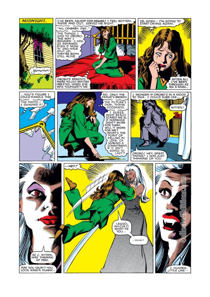 X-Men Annual #6, pg. 7; pencils, Bill Sienkiewicz; Kitty Pryde/Storm/Count Dracula