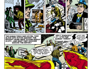 Young Men #25, pg. 1; "The Return of...The Human Torch"; Carl Burgos, Jim Hammong, Atlas era heroes, Toro revival