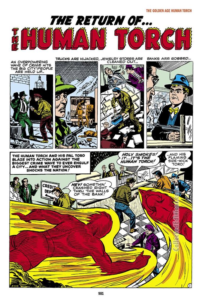 Young Men #25, pg. 1; "The Return of...The Human Torch"; Carl Burgos, Jim Hammong, Atlas era heroes, Toro revival
