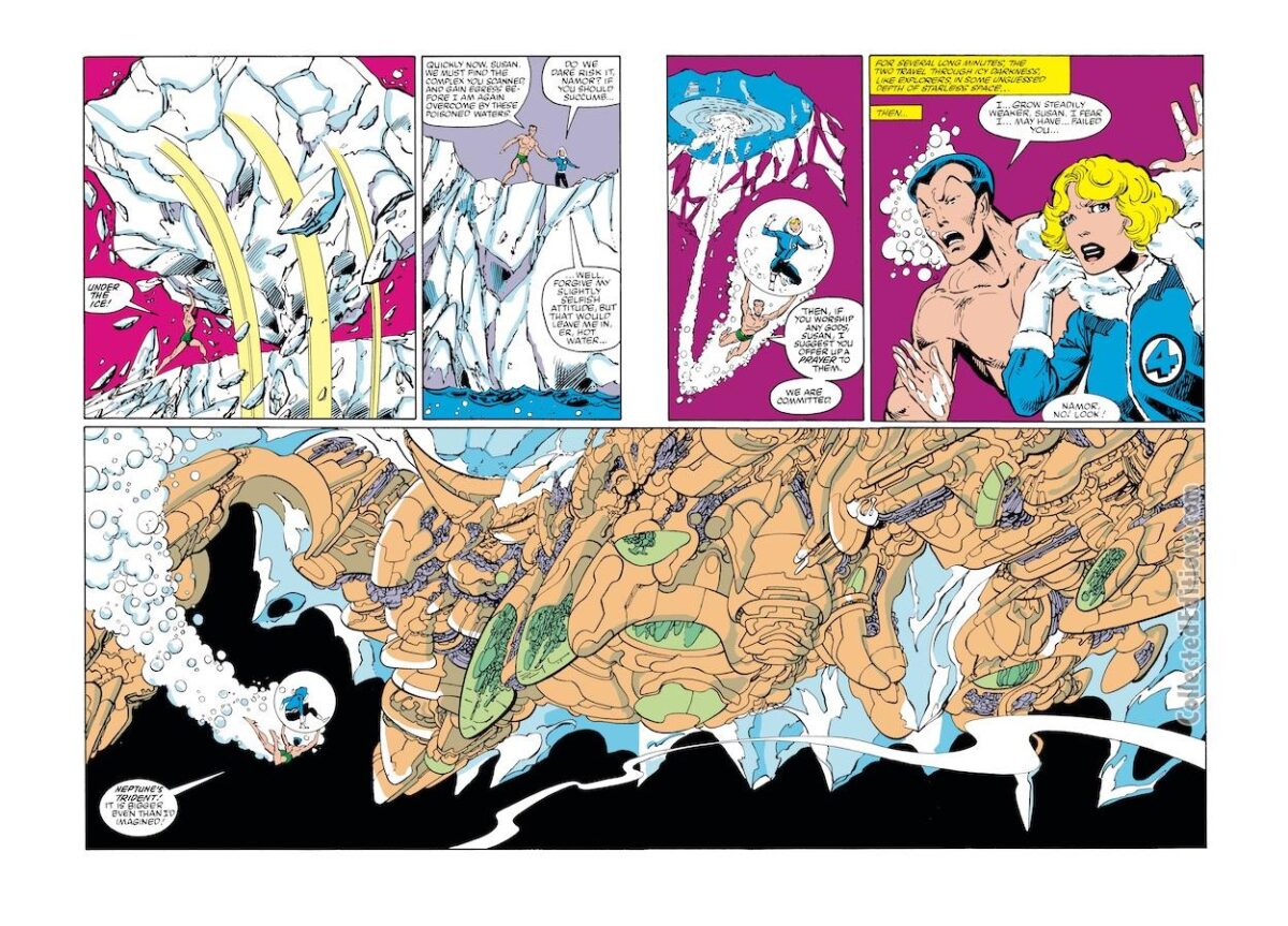 Alpha Flight #4, pgs. 10-11; pencils and inks, John Byrne; Sub-Mariner, Namor, Sue Storm, Invisible Woman, Marrina, Master of the World, double-page spread