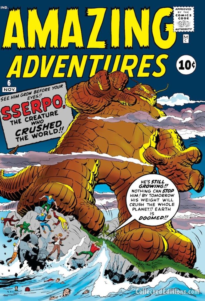 Amazing Adventures #6 cover; pencils, Jack Kirby; inks, George Klein; Sserpo, the Creature Who Crushed the World; Atlas Era; Marvel August 1961 Omnibus