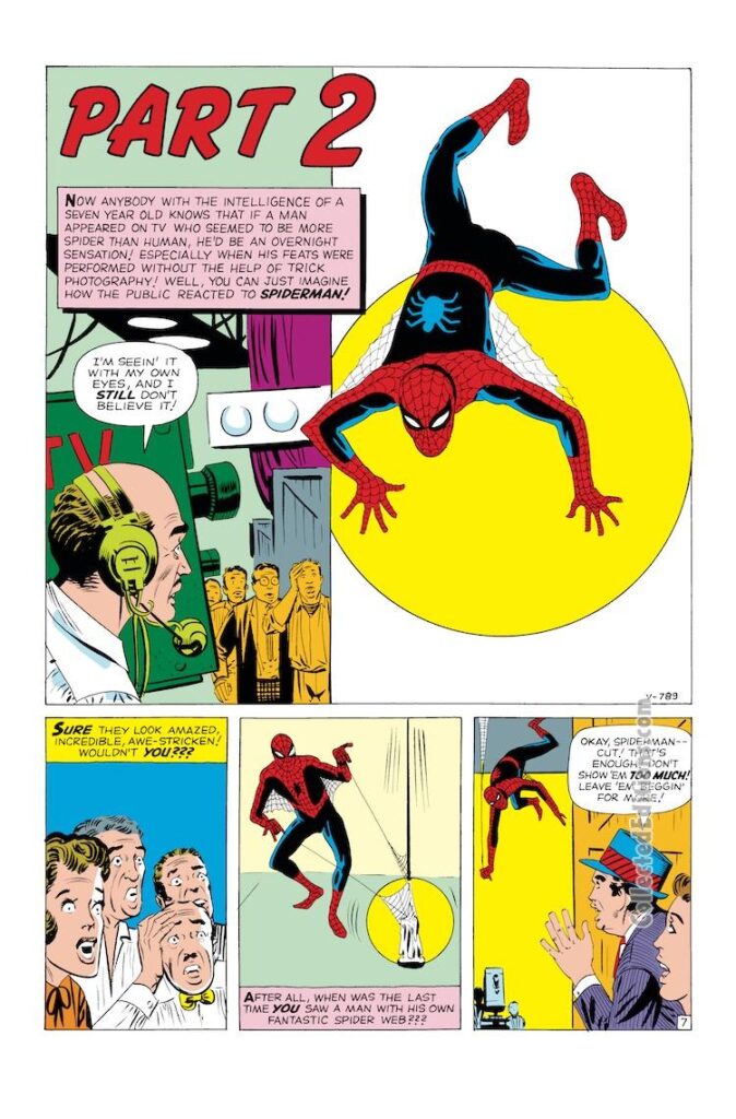 Amazing Fantasy #15. “Spider-Man!”, pg. 7; pencils and inks, Steve Ditko; first appearance, origin, Peter Parker, Stan Lee