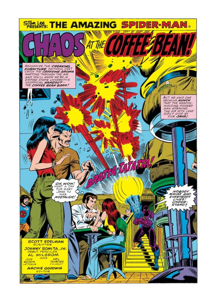 Amazing Spider-Man Annual #11. &ldquo;Chaos at the Coffee Bean!&rdquo;, pg. 1; pencils, John Romita Jr.; inks, Al Milgrom; Peter Parker, Mary Jane Watson, Scott Edelman, Stan Lee Presents