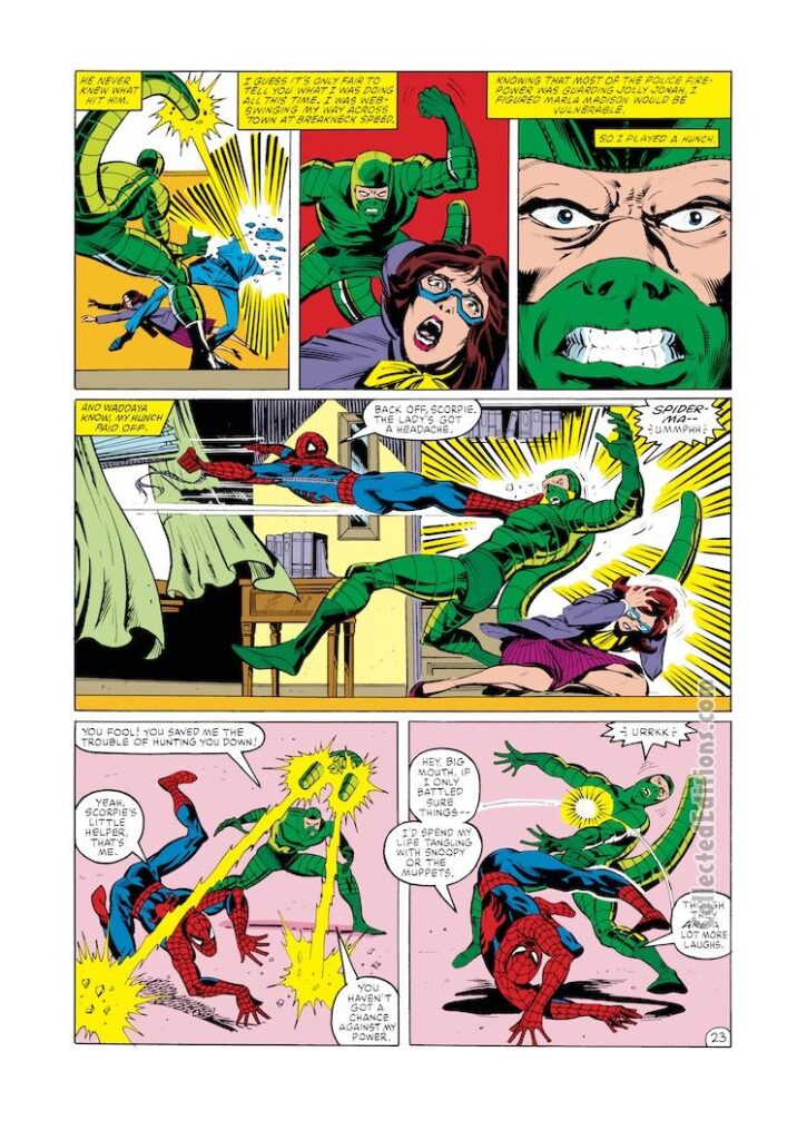 Amazing Spider-Man Annual #18, pg. 23; breakdowns, Ron Frenz; pencils and inks, Bob Layton, Jackson Guice; Scorpion, Marla Madison, Marla Jameson, Mac Gargan; Stan Lee