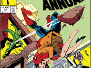 Amazing Spider-Man Annual #18 cover; pencils, Ron Frenz; inks, Jackson &ldquo;Butch&rdquo; Guice; The Scorpion Takes a Bride, Marla Madison, J. Jonah Jameson, scripted by Stan Lee
