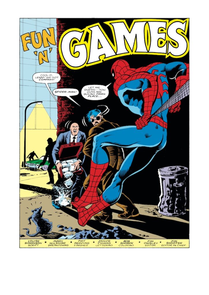 Amazing Spider-Man Annual #19, pg. 1; layouts, Mary Wilshire; pencils and inks, Pat Redding; Louise Simonson, Fun ’n Games, Lenny, splash page