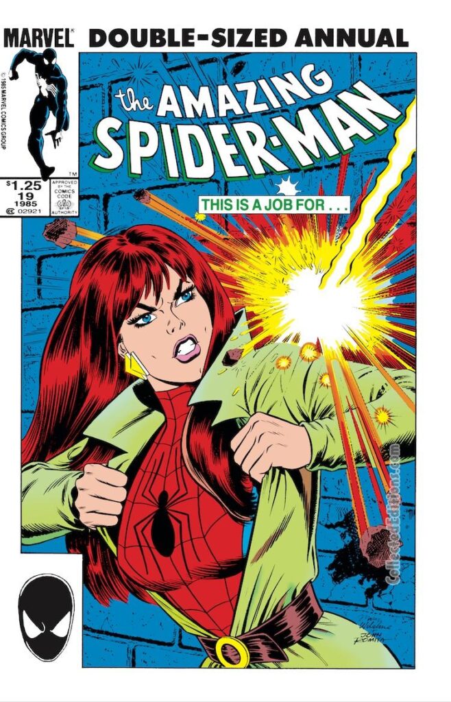 Amazing Spider-Man Annual #19 cover; pencils, Mary Wilshire; inks, John Romita Sr.; Mary Jane Watson
