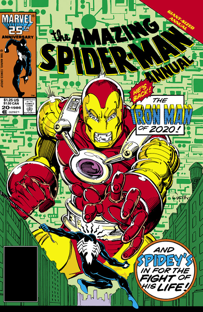 Amazing Spider-Man Annual #20 cover; pencils and inks, Bob Wiacek; Iron Man of 2020, Giant-Size Annual, Spidey’s in the fight of his life, black costume