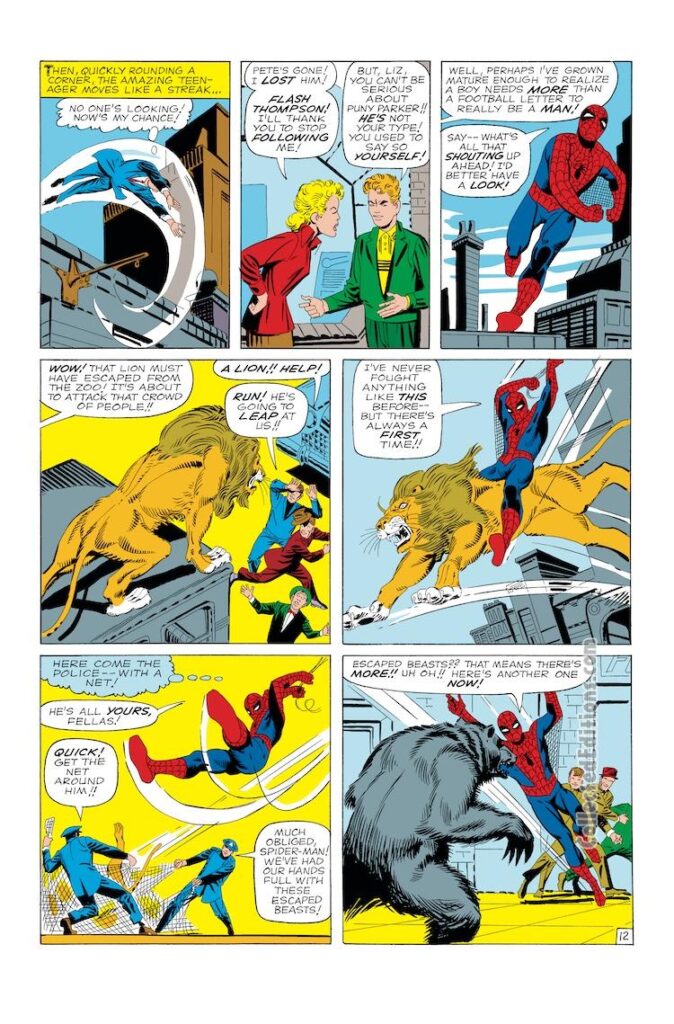 Amazing Spider-Man #12, pg. 12; pencils and inks, Steve Ditko; Flash Thompson, Liz Allan, zoo animals