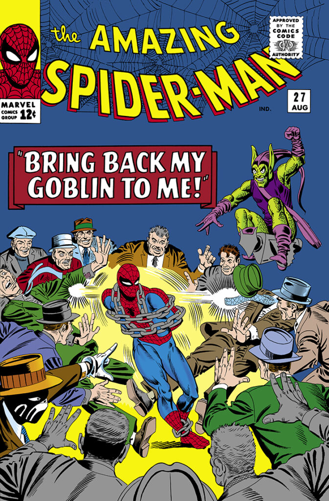 Amazing Spider-Man #27 cover; pencils and inks, Steve Ditko; Bring Back My Goblin to Me, Green Goblin, chains, Crime Master