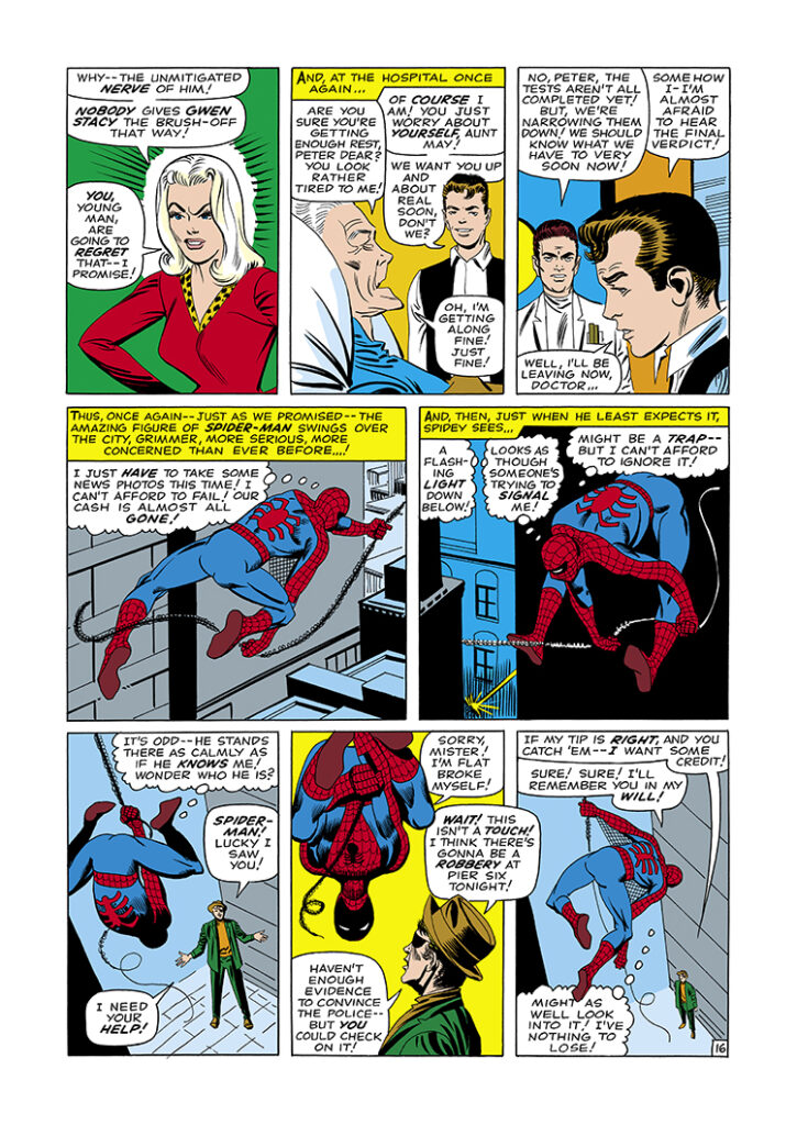 Amazing Spider-Man #31, pg. 16; pencils and inks, Steve Ditko; Gwen Stacy first appearance, Patch, Frederick Foswell, sick Aunt May