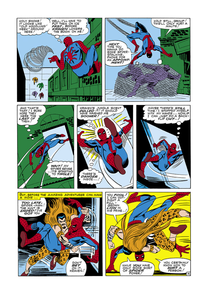 Amazing Spider-Man #34, pg. 14; pencils and inks, Steve Ditko; web-swinging, Kraven the Hunter