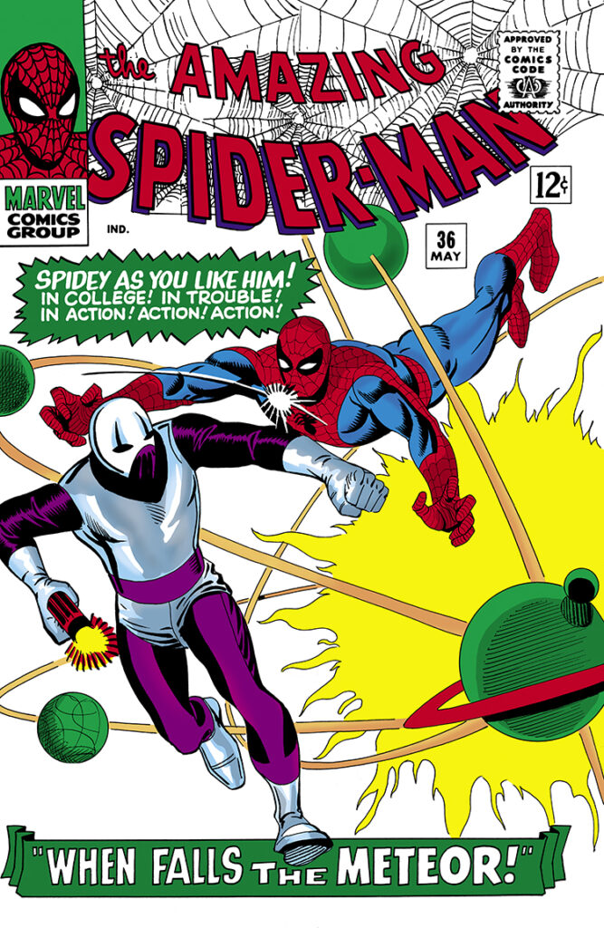 Amazing Spider-Man #36 cover; pencils and inks, Steve Ditko; Spidey as you like him, in college, in trouble, in action, When Falls the Meteor, the Looter