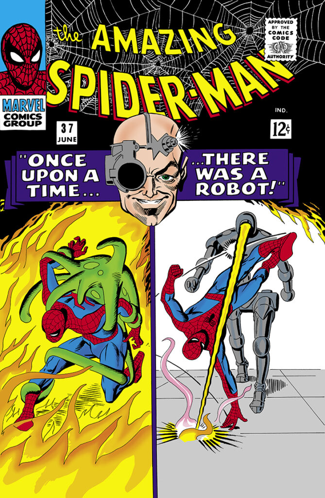 Amazing Spider-Man #37 cover; pencils and inks, Steve Ditko; Once Upon a Time, There Was a Robot, Spencer Smythe, Spider-Slayer