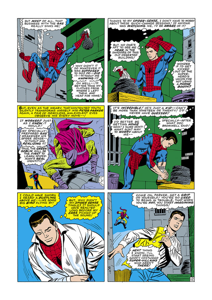 Amazing Spider-Man #39, pg. 12; pencils, John Romita; inks, Mike Esposito; costume change, Green Goblin, Peter Parker