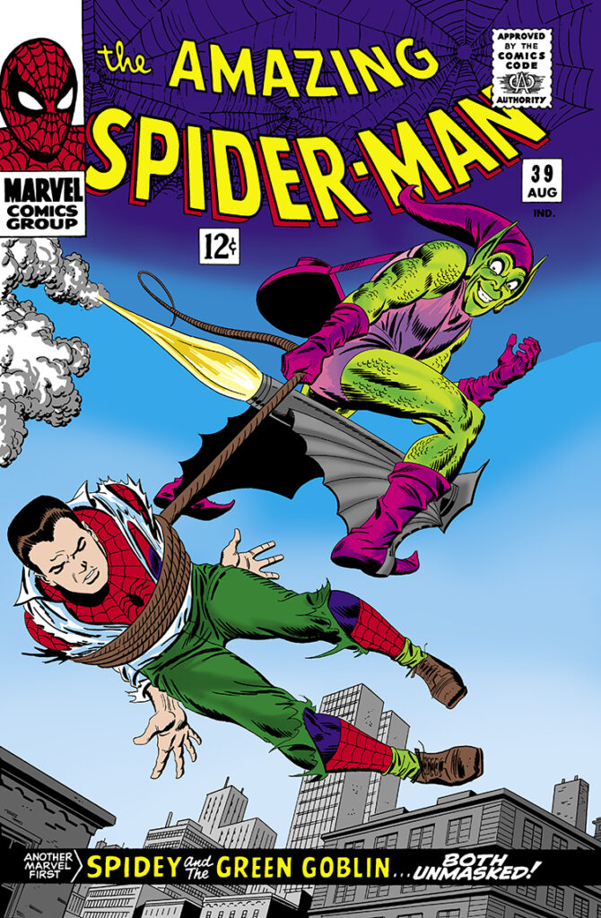 Amazing Spider-Man #39 cover; pencils and inks, John Romita; Spidey and the Green Goblin, both unmasked