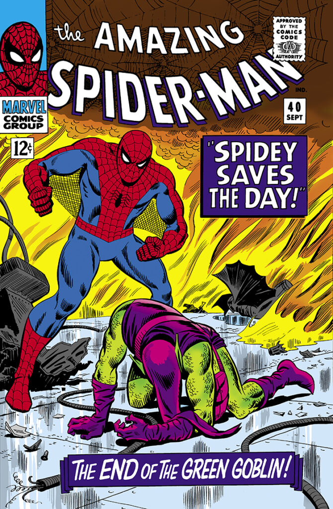 Amazing Spider-Man #40 cover; pencils, John Romita; inks, Mike Esposito; Spidey Saves the Day, the End of the Green Goblin, Norman Osborn