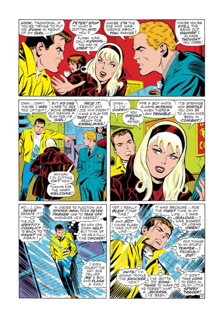 Amazing Spider-Man #72, pg. 14; layouts, John Buscema; pencils and inks, Jim Mooney; Gwen Stacy, Peter Parker, Flash Thompson