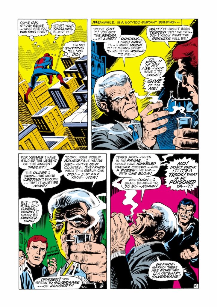 Amazing Spider-Man #74, pg. 18; layouts, John Romita Sr.; pencils and inks, Jim Mooney; first appearance of Silvermane, Man Mountain Marko, Secret of the Stone tablet, Petrified