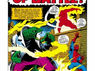 Amazing Spider-Man #77, pg. 1; layouts, John Buscema; pencils and inks, Jim Mooney; In the Blaze of Battle, Stan Lee, splash page, Human Torch, The Lizard
