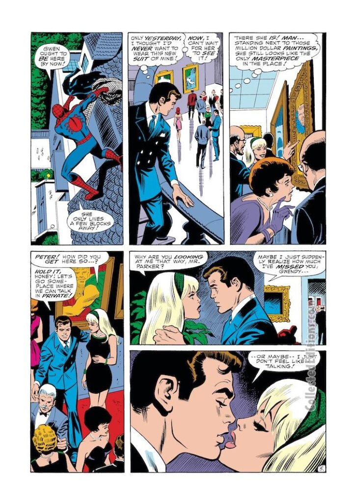 Amazing Spider-Man #80, pg. 5; layouts, John Buscema; pencils and inks, Jim Mooney; Peter Parker, Gwen Stacy, art museum, kiss
