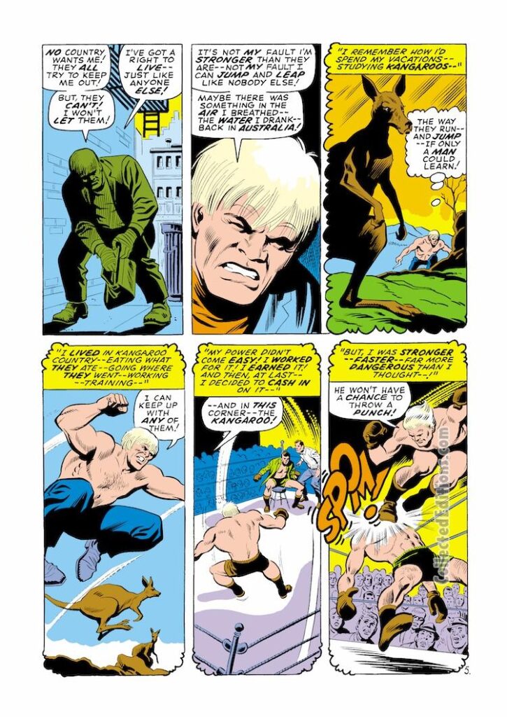 Amazing Spider-Man #81, pg. 5; layouts, John Buscema; pencils and inks, Jim Mooney; Kangaroo, Marty Blank, first appearance, origin, wrestler