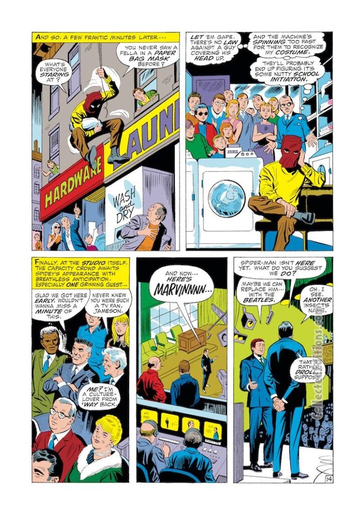 Amazing Spider-Man #82, pg. 14; layouts, John Buscema; pencils and inks, Jim Mooney; laundromat, J. Jonah Jameson, Here’s Marvin