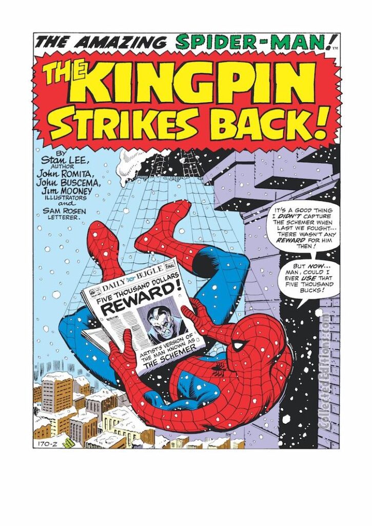 Amazing Spider-Man #84, pg. 1; layouts, John Romita Sr.; pencils, John Buscema; inks, Jim Mooney; The Kingpin Strikes Back, Schemer, Stan Lee, splash page