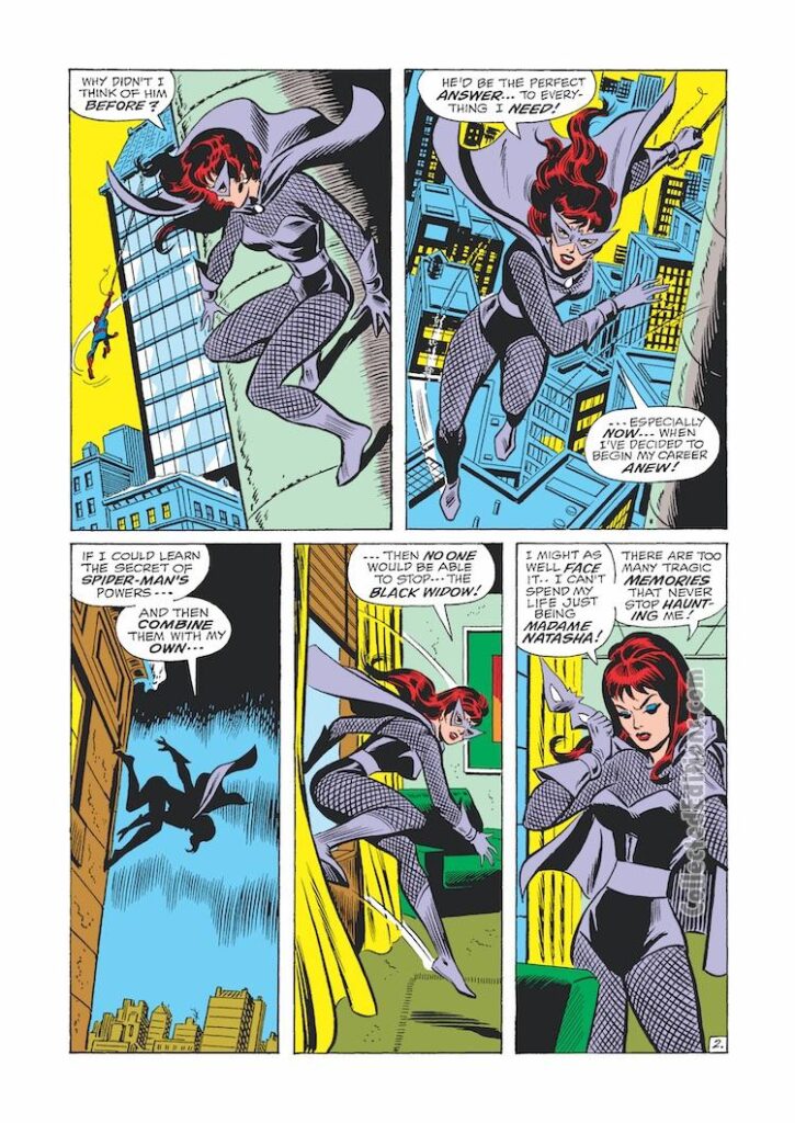 Amazing Spider-Man #86, pg. 2; layouts, John Romita Sr.; pencils and inks, Jim Mooney; Black Widow, new costume, old costume