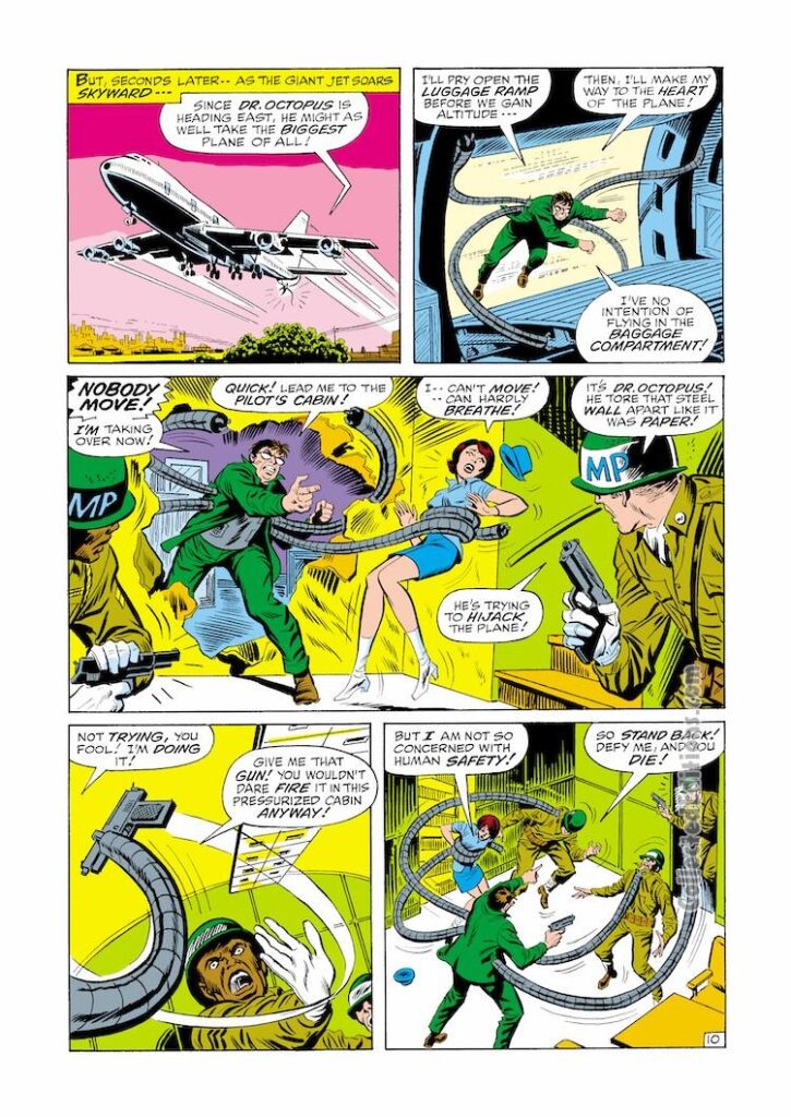 Amazing Spider-Man #88, pg. 10; pencils, John Romita Sr.; inks, Jim Mooney; Doctor Octopus, airplane hijacking